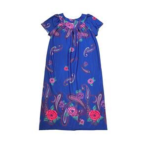 VTG Granada MuuMuu Caftan Dress Womens L Blue Pink Floral Boho Mrs. Roper